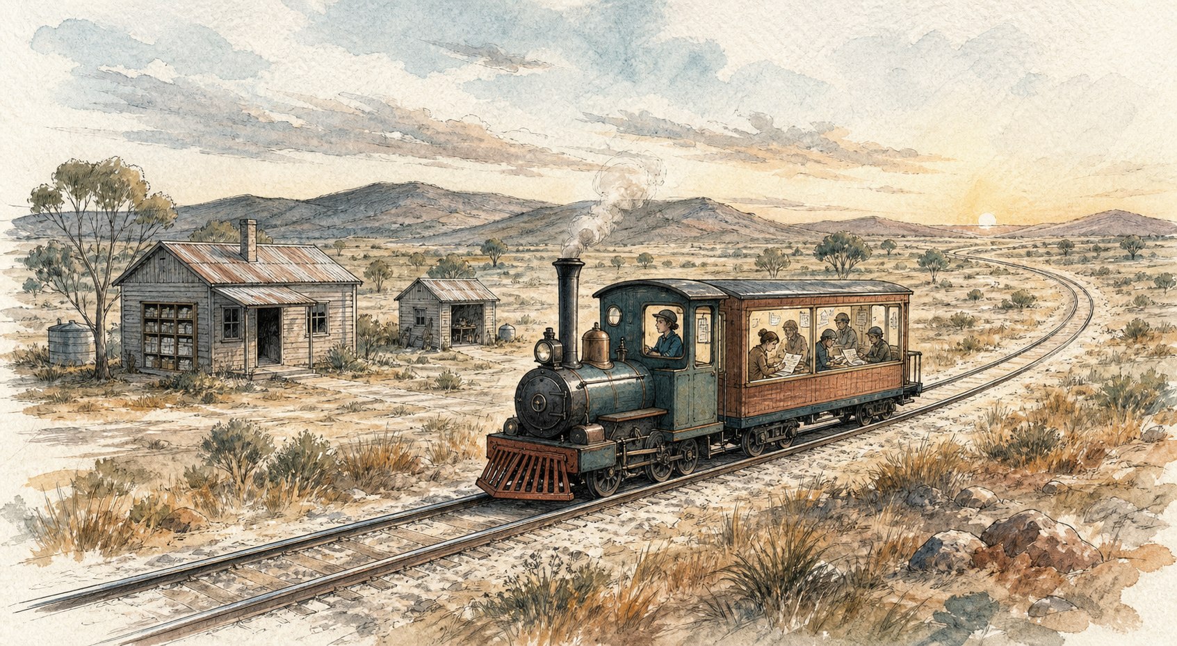 A hand-drawn train carrying a working crew along two rails through an Australian landscape, with a records office and workshop beside the line.
